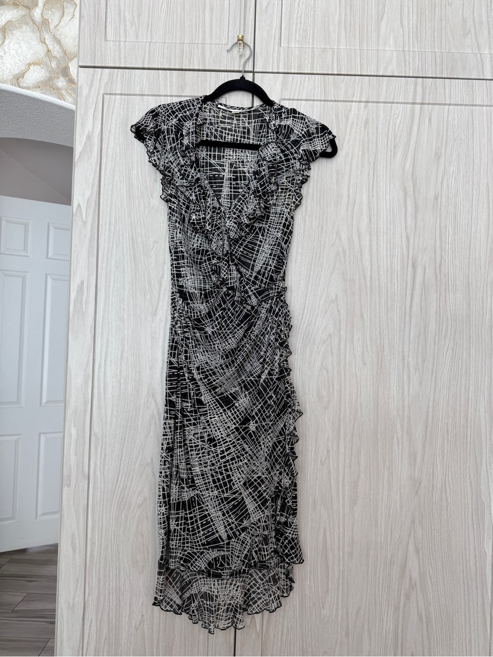 Diane Von Furstenberg Black and White Ruffle-Trim Midi Dress